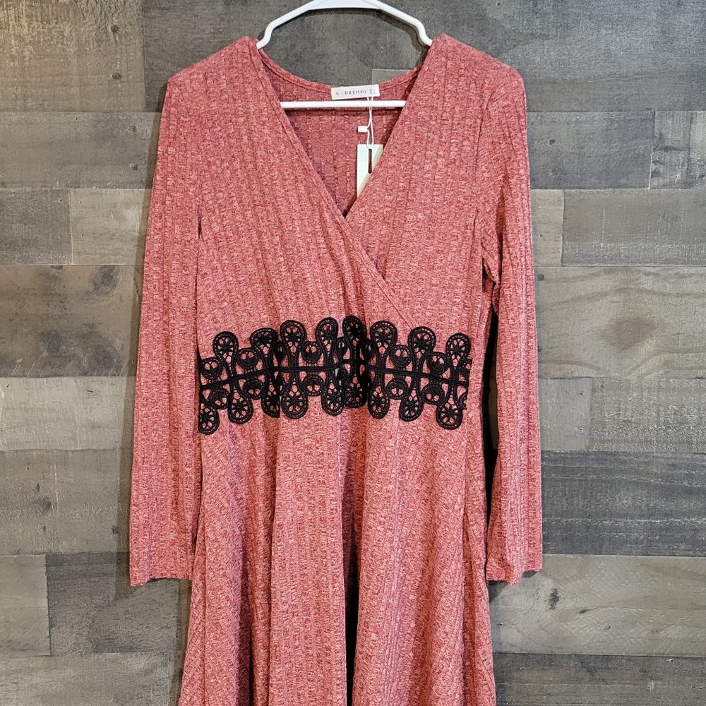 DressFo NWT Red Heathered Knit Faux Wrap Midi Dress with Black Lace Waist Decal